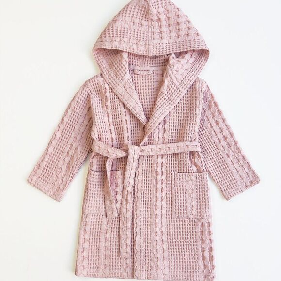 Organic Waffle Cotton Kids Bathrobe Pink - Picture 1 of 6